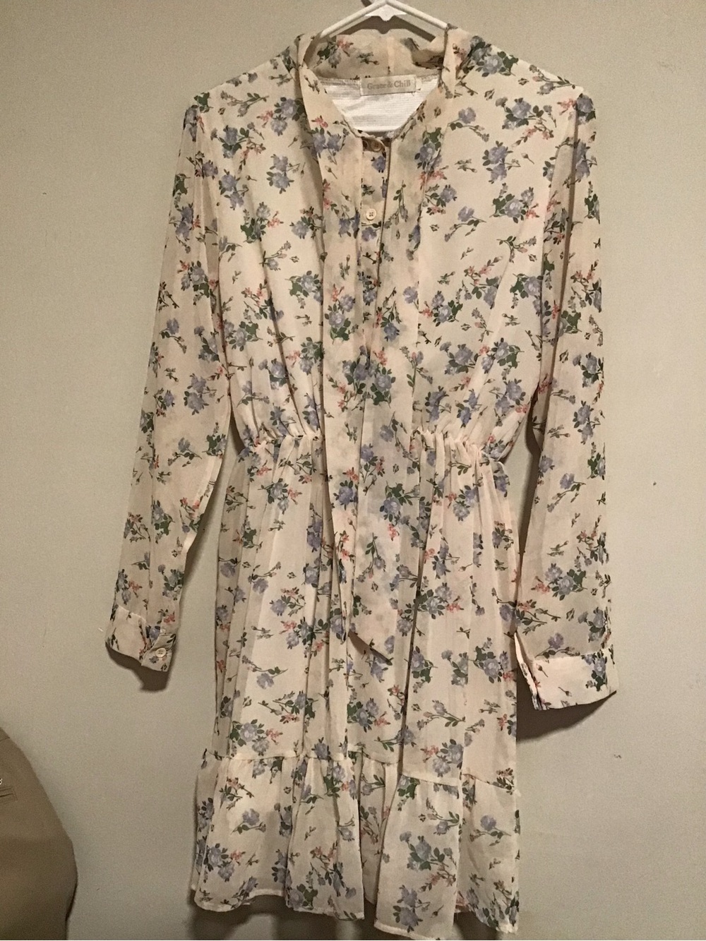 Floral Cream Midi Dress with Tie Waist